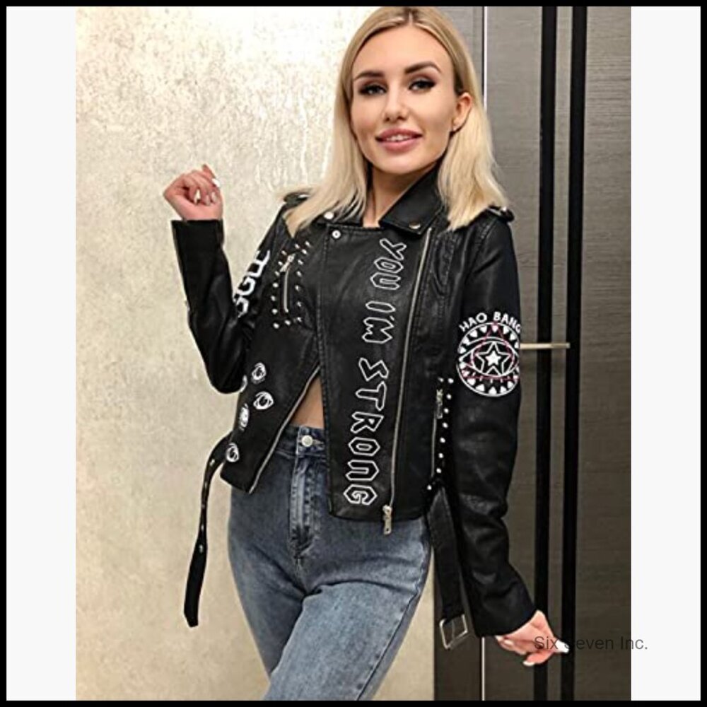 Faux Leather Punk Biker Jacket with Belt and Rivet Decoration - Picture 3 of 7